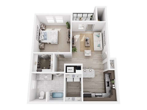 Floor plan for 1 bed, 1 bath, 740 sqft